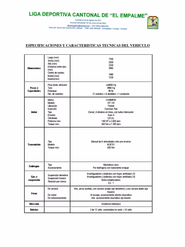 ¿Cuáles son las especificaciones técnicas de un automóvil?
