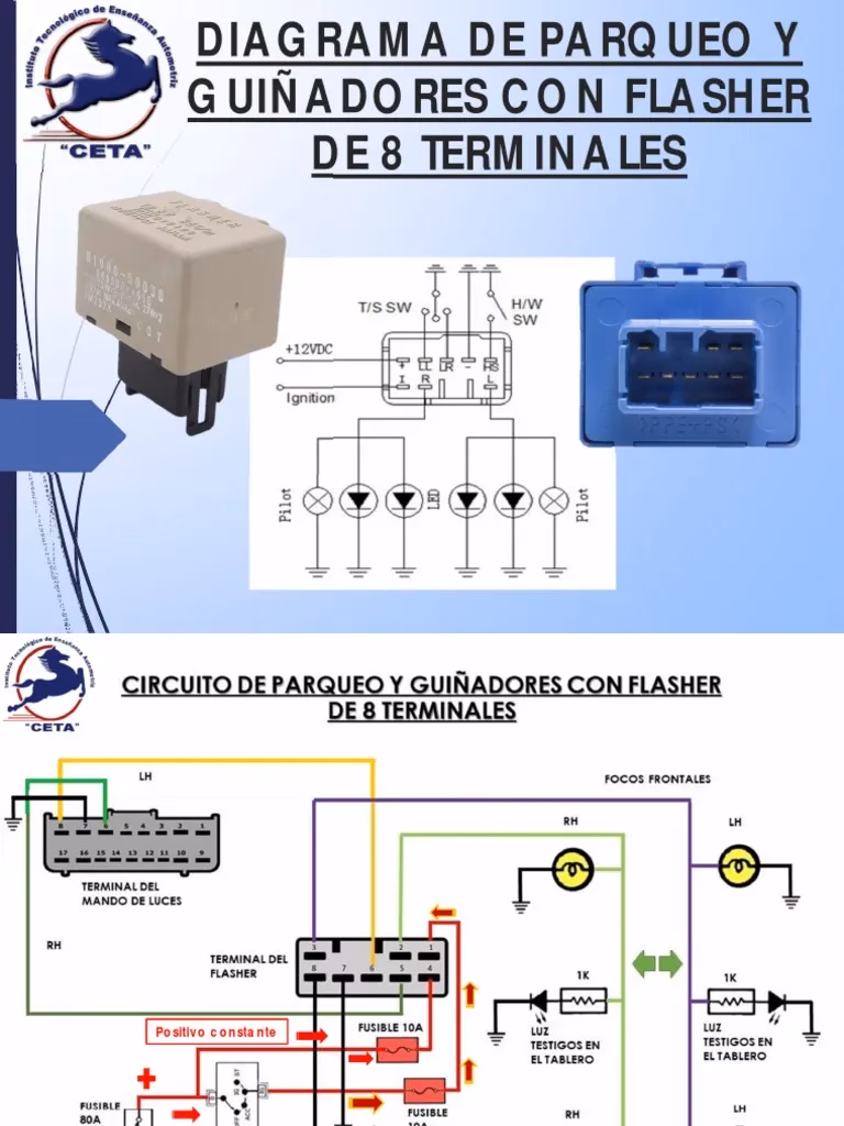 ¿Qué terminal es la entrada de corriente en un flasher o destellador?