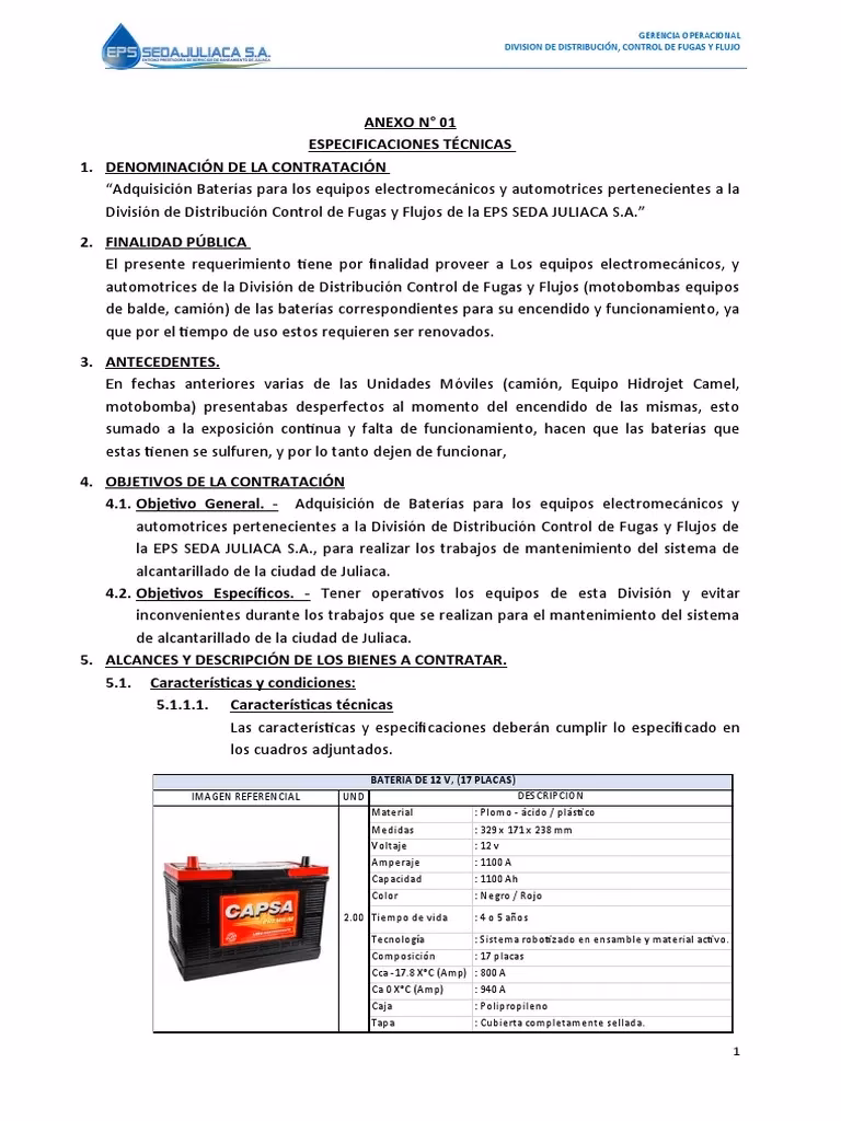 ¿Cuáles son las especificaciones de una batería?